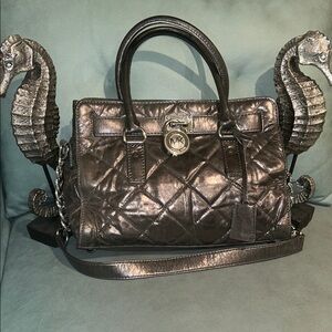 Michael Kors Hamilton Gun Metal Metallic Quilted Satchel w/lock